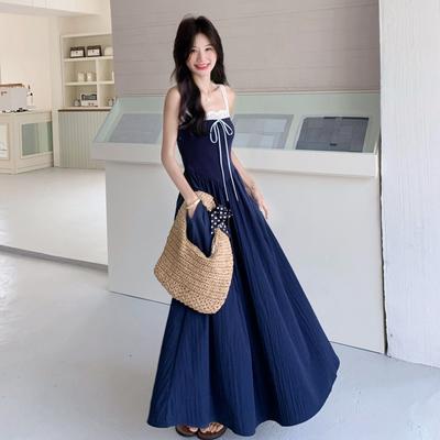 Navy Blue Chic Showing Figure Pendulum Suspender Dress New High-end Dress Women's Summer