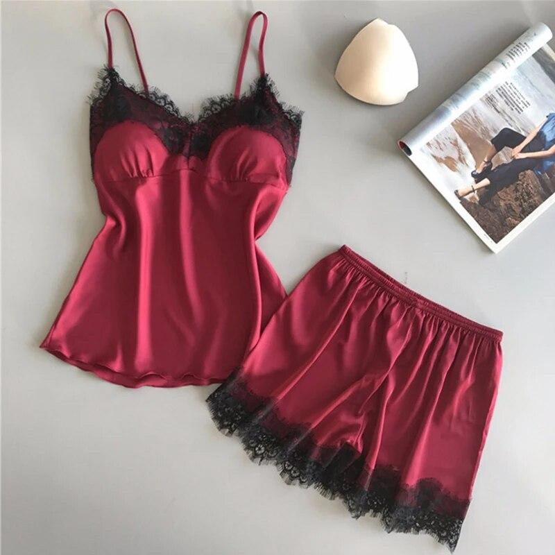 Women New Pajama  Fashion V-Neck Stretch Satin Babydoll Lace Sexy Lingerie Bowknot Pyjamas Sleep Shorts Set Sleepwear