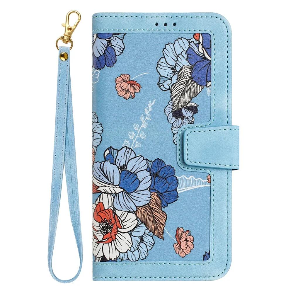 Leder Klapphülle für iPhone 16E 16 15 14 Plus 13 12 11 Pro Max XR X 10 XS 8 7 6 6S SE3 SE Blumen Trageband Kartensteckplatz Abdeckung