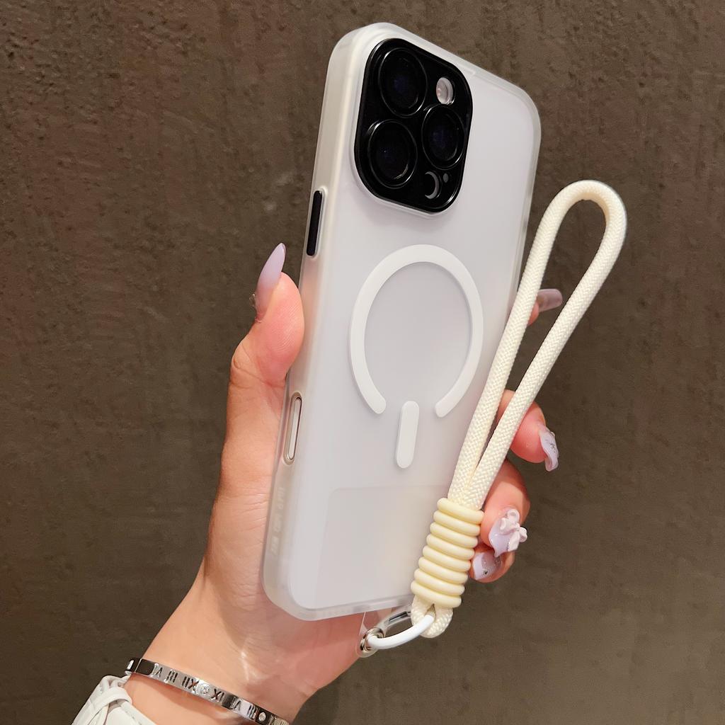 Przezroczyste Matowe Etui z Paskiem na Nadgarstek Magsafe dla iPhone 17 16 15 14 Plus 13 12 11 Pro Max Kontrastowy Sznurek Magnetyczna Osłona