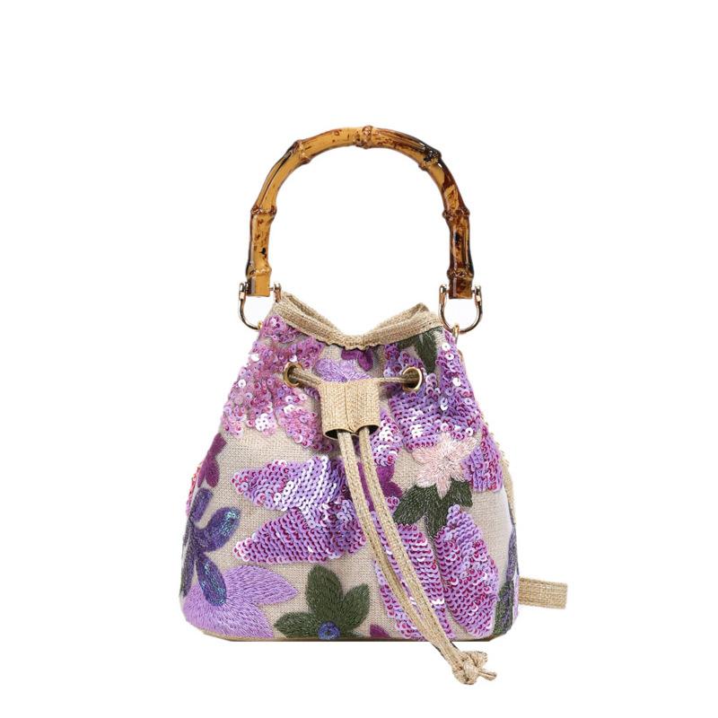 

Vintage Elegant Women s Bucket Bag - Heavy Craftsmanship Tulle Embroidery Flower Sequin Chain Crossbody Bag