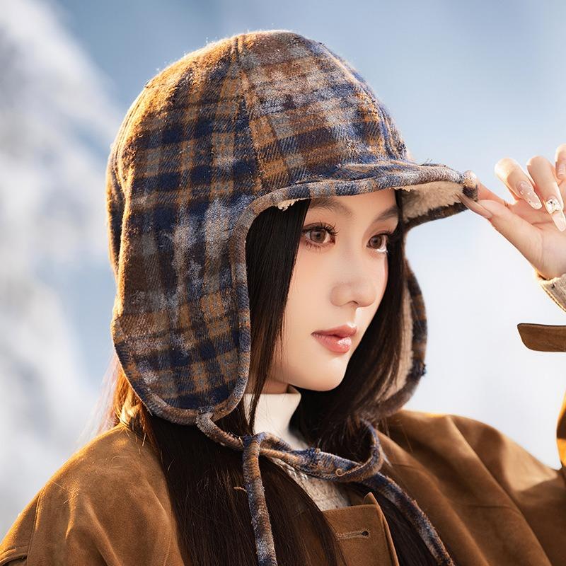 British plaid autumn and winter hat women's ear protection warm versatile head hat lamb wool fleece hat