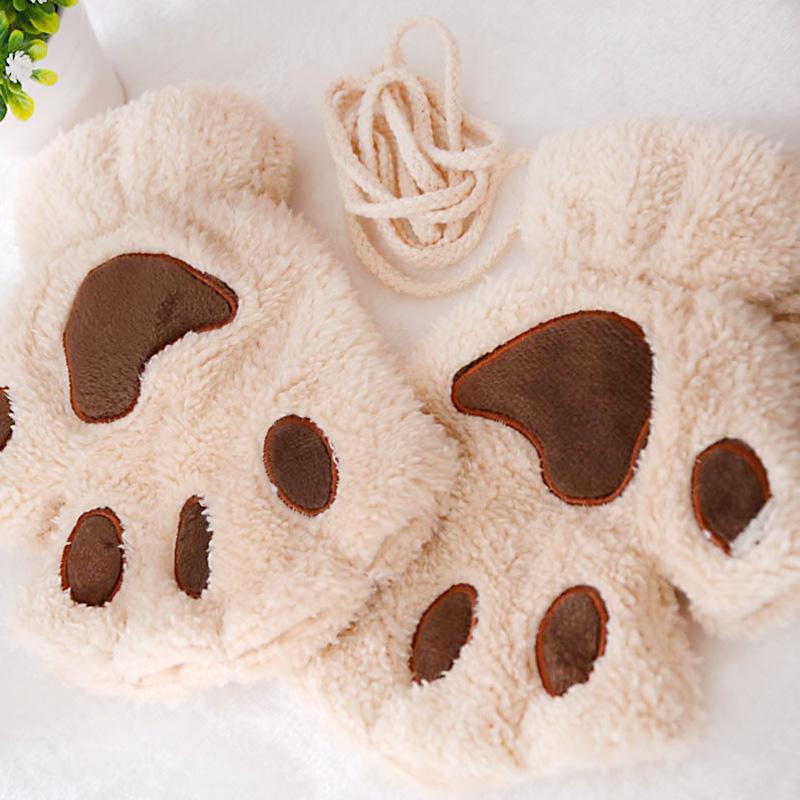 1 Paar Warme Plüsch Winter Katzenpfoten Handschuhe Halbfinger Flauschig Kawaii Tragbar Mode Lieblich Weich