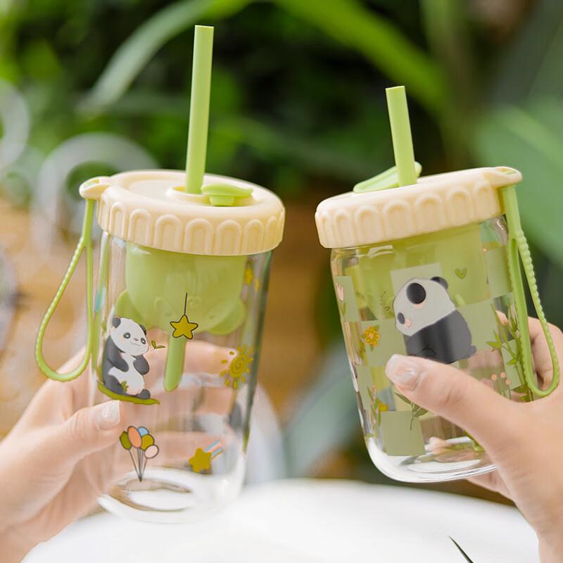 Auspicious Panda Tall Glass Tumbler with Lid & Straw
