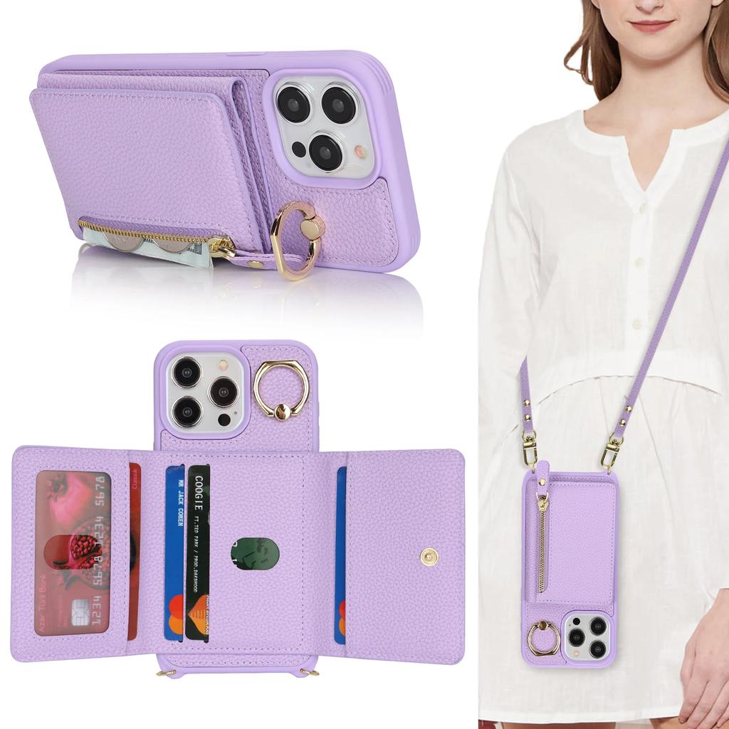 Crossbody Leather Wallet Case For iPhone 15 14 13 12 11 Pro Max XS X XR Protective Cover Ring Holder Zipper Cards Holder Bag
