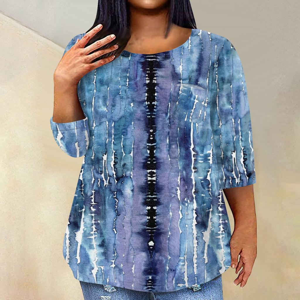 Women's Fashionable Casual Three Quarter Sleeve Printed Round Neck Pullover Top