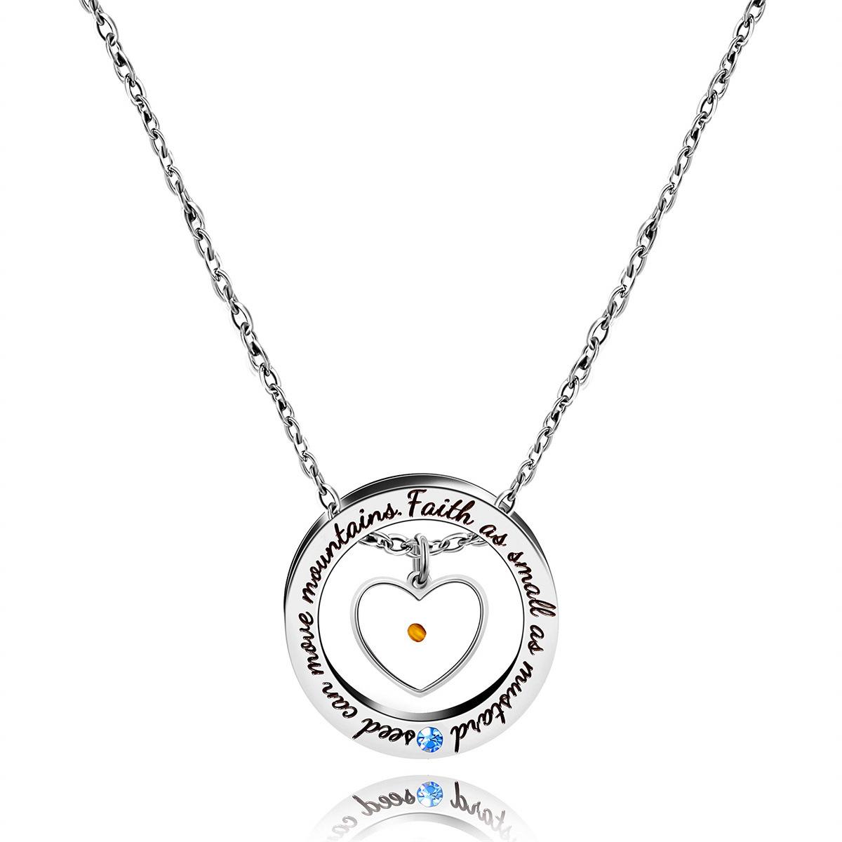Stainless Steel Round Ring Engraved with Letters, Heart-shaped, Sesame Seeds, Faith Pendant Necklace