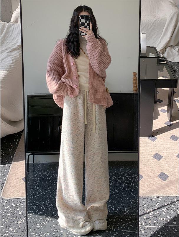 Spring 2024 Rainbow Knit Cashmere Wide-Leg Pants for Women - Loose, Casual & Stylish