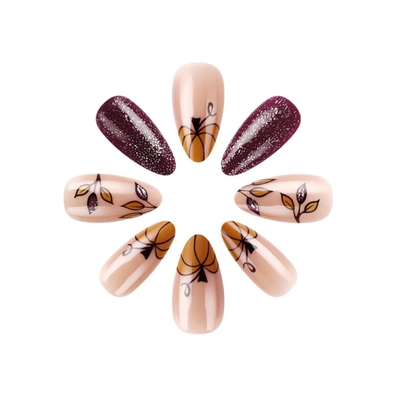 Maple Leaf Desings Halloween Stick On Nail Thanksgiving Gift Almond False Nails for a Festive Autumn Nail Makeover