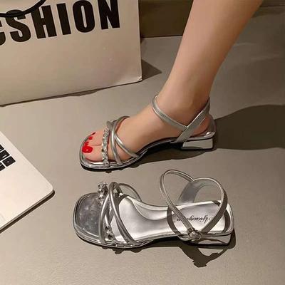 French Open-toed Rhinestone Sandals Women's 2025 Summer New Outer Wear Thick Heel Square Head One-word Buckle Skirt Roman Shoes