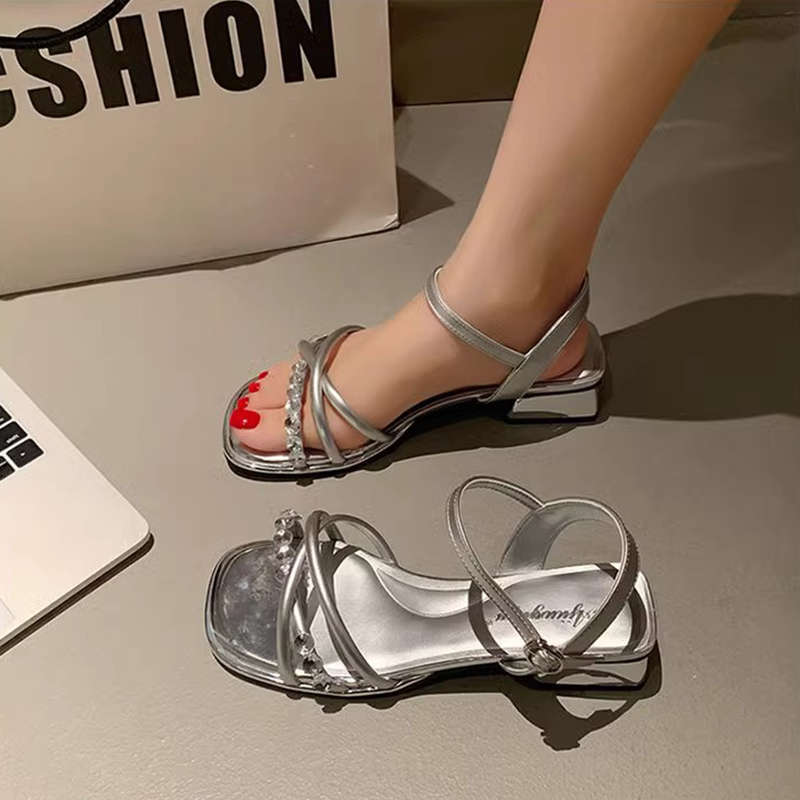 French Open-toed Rhinestone Sandals Women's Summer New Thick Heel Square Head One-word Buckle Skirt Roman Shoes