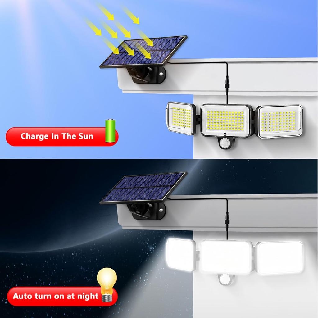 1/2/4PC Solar Lights Outdoor with 224 LED Motion Sensor Light Remote 3 Mode Waterproof 3 Head Solar Flood Lights for Yard Garden