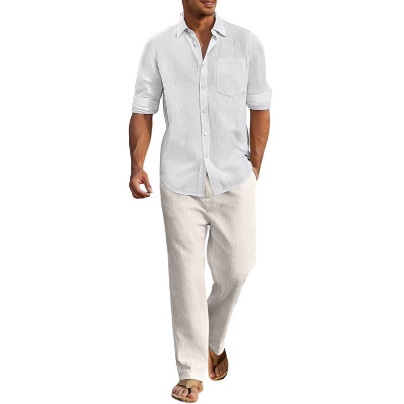 

Men s Four Seasons Cotton and Linen Long Sleeve Shirts and Pants Casual Thin Breathable Beach Yoga Linen Shirt Set M білий