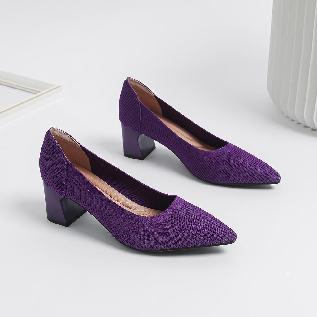 2026Women's large high-heeled shoes Multicolor pointy knit breathable comfortable anti-skid rubber sole work shoes  new autumn