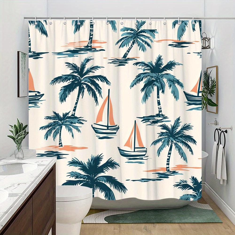 1 Mid-Century Modern Digital Art Shower Curtain - Palm Trees On Cream Background With Hooks, Machine Washable Polyester
