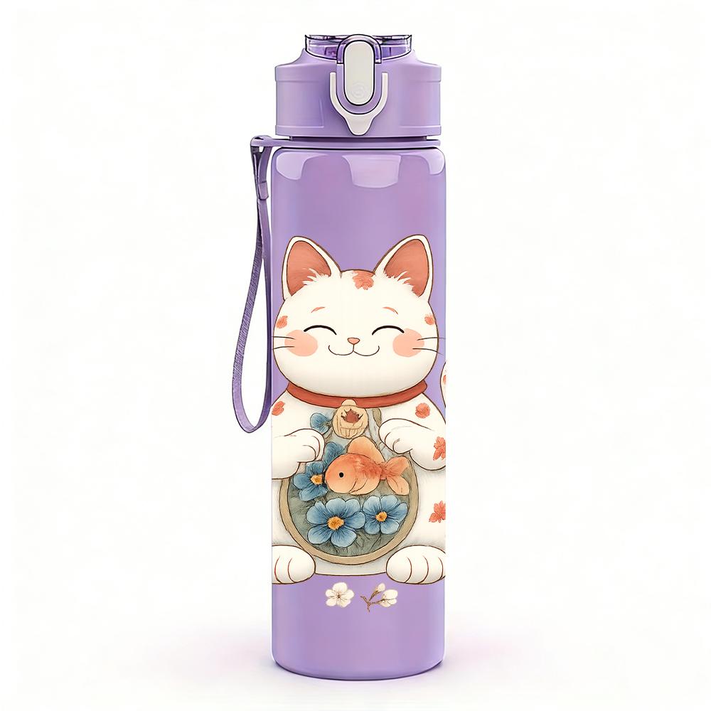1PC Maneki Neko Lucky Cat Floral 750ml Color Plastic Sports Water Bottle Leakproof Flip Straw Lid Suitable for Sports Office Home Use