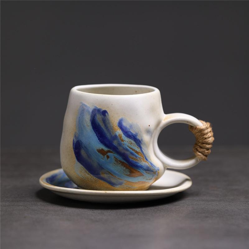 Retro Ceramic Coffee Cup And Saucer Set Creative Souvenir Cup Afternoon Tea Mug Coarse Pottery Coffee Cup