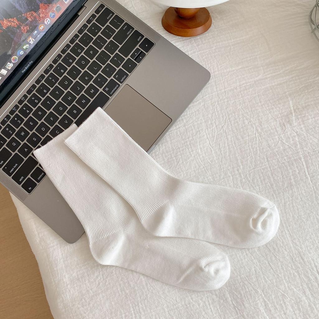 Multi-Color Solid Women's Knee-High Socks Cotton Double-Needle Sweat-Absorbent Socks