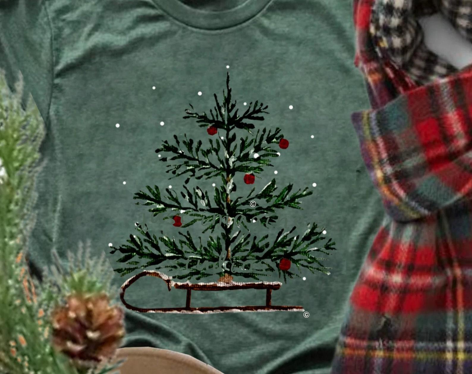Christmas Tree Sleigh T-Shirt: Women s Holiday Tee, cotton S-4X, gift, hand painted L