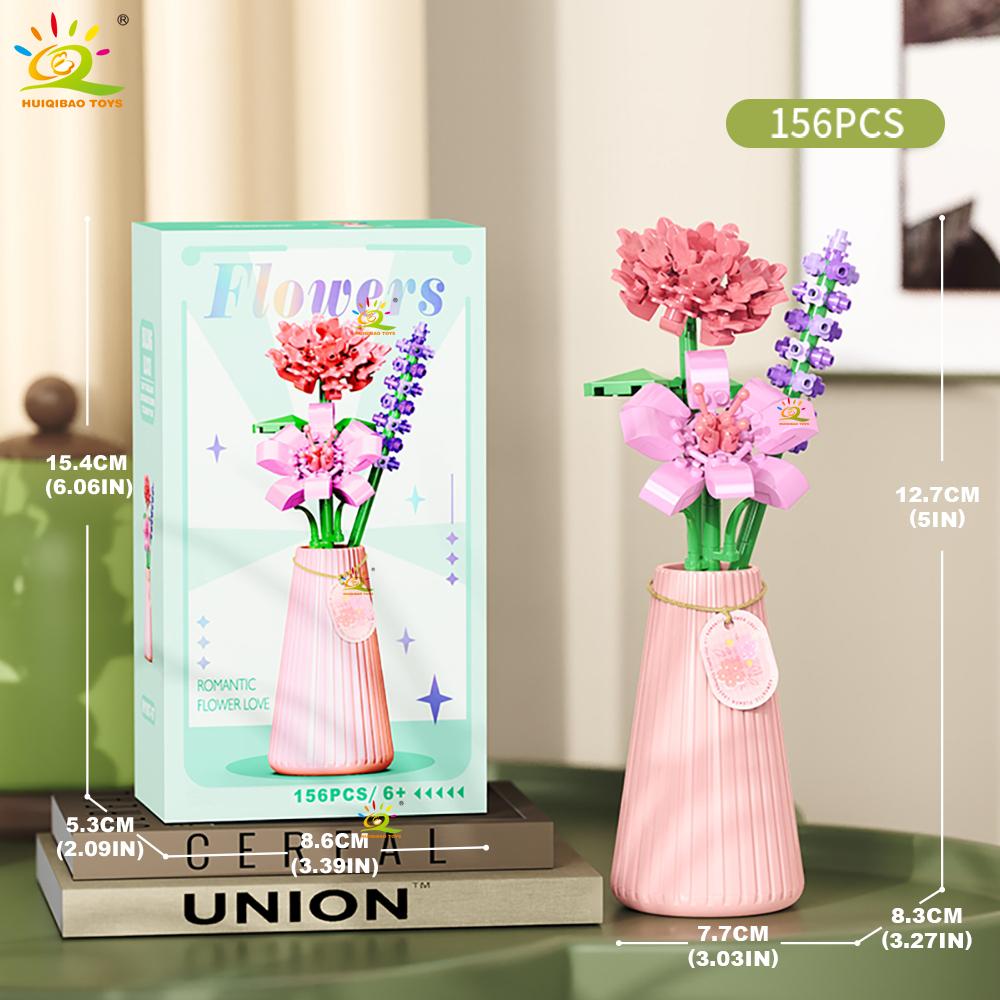 HUIQIBAO MOC Eternal Flower Bouquet with Pot Micro Building Block Sunflower Rose Mini Model Brick Toy Home Desk Decoration