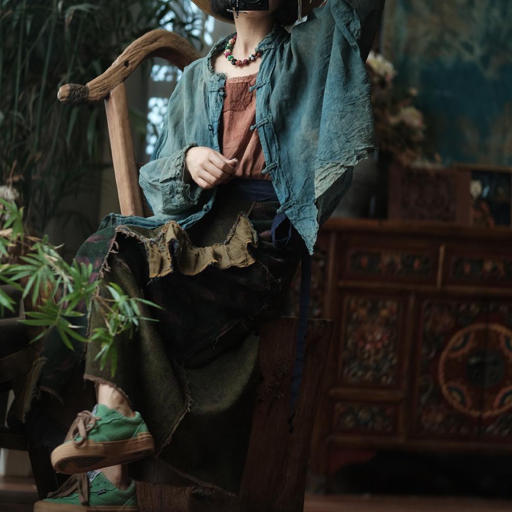 Luo Gu Ni Original Green Patchwork Cotton Linen Lace-Up Wrap Skirt