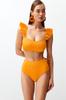 Women's New Season Bikini Set Orange Bralette Frilly Textured High Waist Hipster Bikini Set