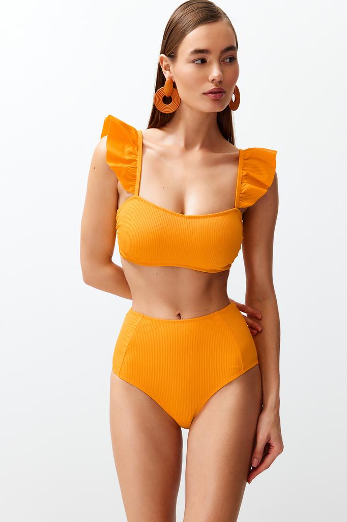 Women's New Season Bikini Set Orange Bralette Frilly Textured High Waist Hipster Bikini Set