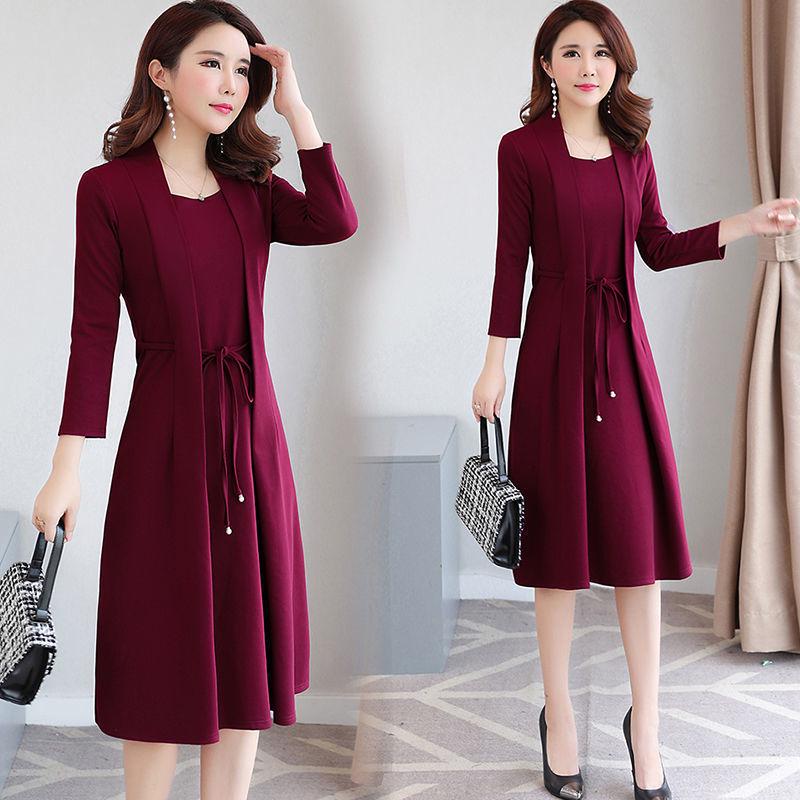 Spring & Autumn Long-Sleeve Two-Piece Dress for Middle-Aged Women - Slim Fit, Medium Length