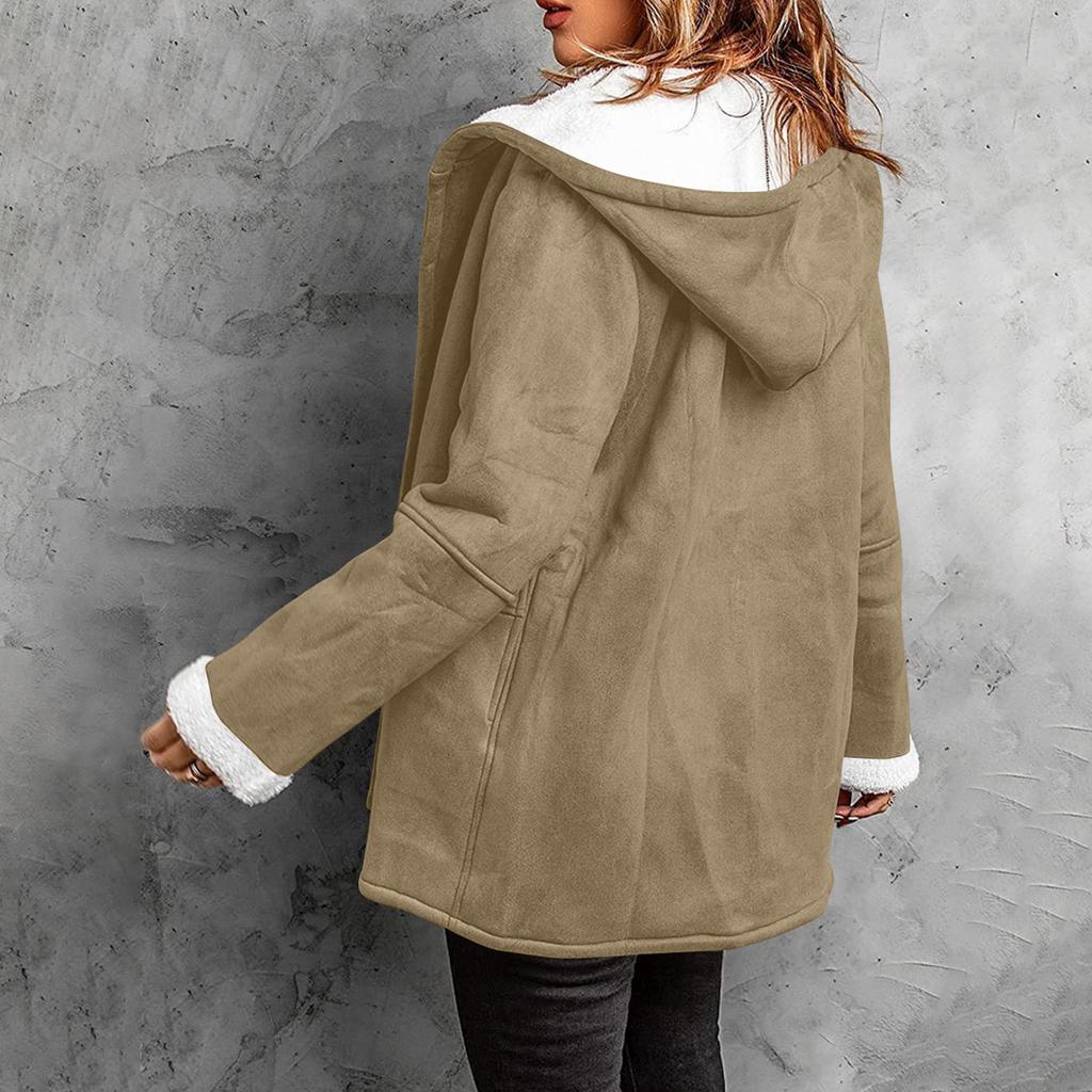 Women's Button Suede Long Windbreaker Coat Warm Long Sleeve Jacket Hooded Coat
