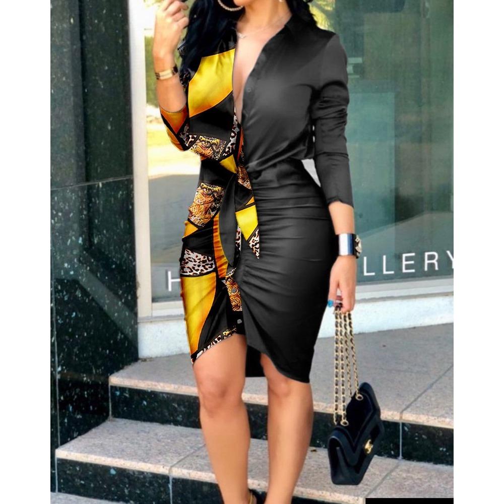 IHUASU Summer V-neck Lace-up Solid Color Long-sleeved Mid-length Shirt Dress Women