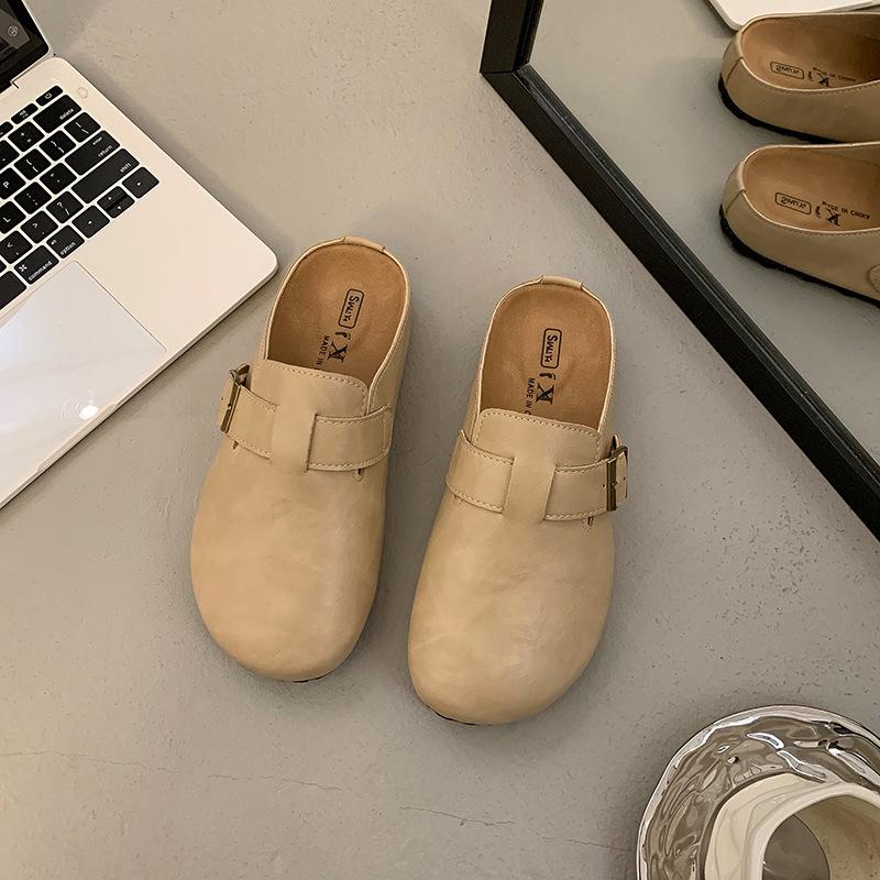 Baotou half slippers women's outer wear 2025 spring new fashionable versatile leather surface one pedal thick-soled Birkencool slippers