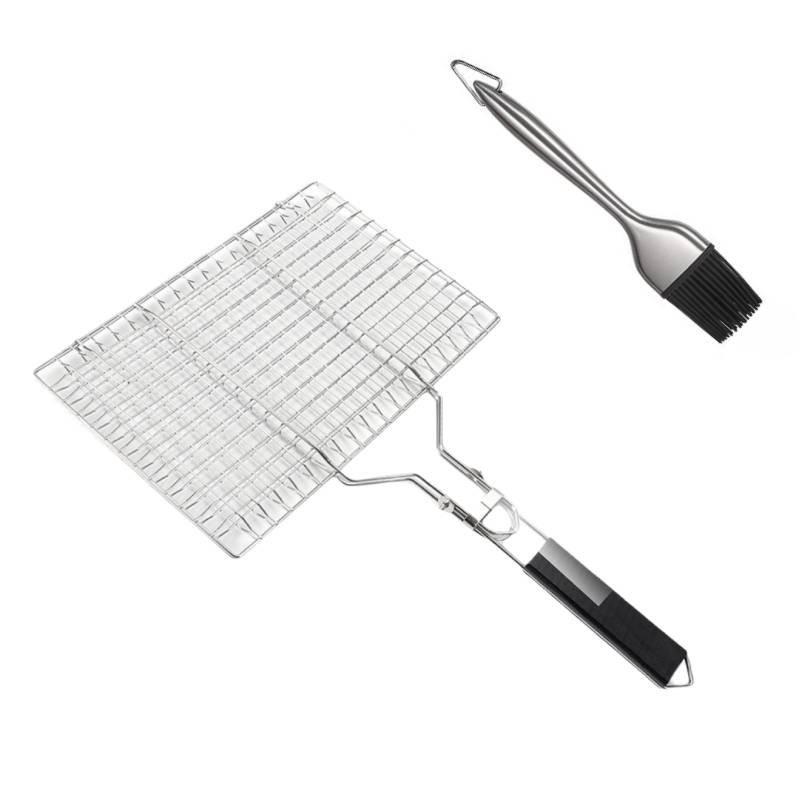Durable Square Shape Bbq Grilling Basket Stainless Steel Mesh With Oil Brush