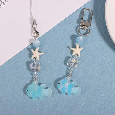 Colgante para teléfono con forma de estrella de mar y pez azul Y2K, bonito llavero hecho a mano para bolso o cámara.
