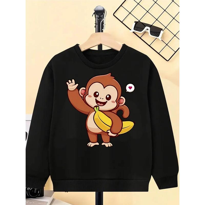 European sizes Cute Monkey Banana Wave Heart Kids' Fashionable Crewneck Sweatshirt, children's long sleeved, casual multi colored