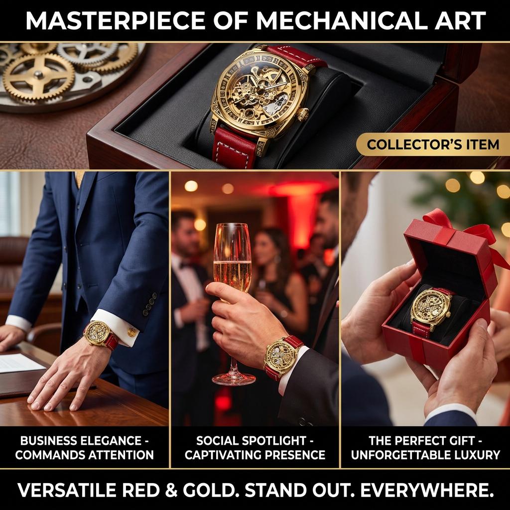 1pcs Men's Gold Dial Leather Strap Vintage Fashion Skeleton Gear Luxury Details Mechanical Watch for Daily Business Party Holida