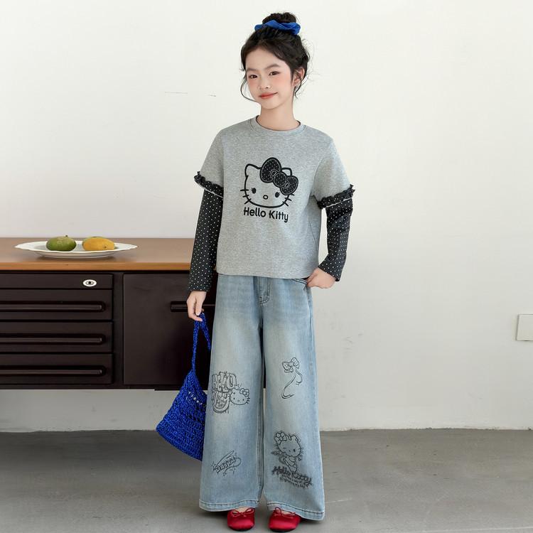 Girls' Retro Blue Graffiti Wide-Leg Jeans: Hand-Painted Loose-Fit Casual Pants