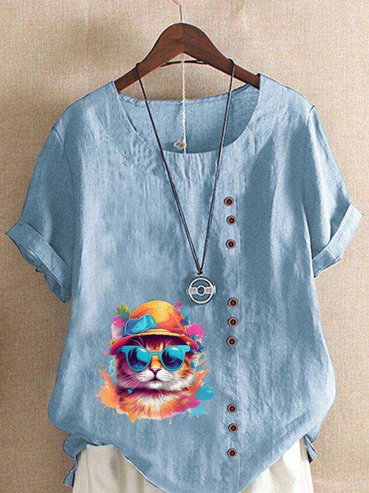 Women's Fashion Colorful Cat Print Round Neck Short Sleeve T-shirt Summer Casual Cotton Linen Graphic Shirt Leisure Loose Blouse Tops