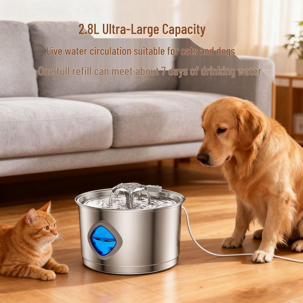 Stainless Steel Silent Pet Water Fountain - 2.8L Large Capacity for Cats