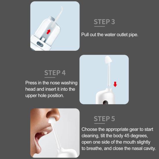 1 Set 200ML Nasal Washer with Water Tank High Frequency USB Charging Rotatable Head 3 Gears Impulse Type Nose Washer Daily Use