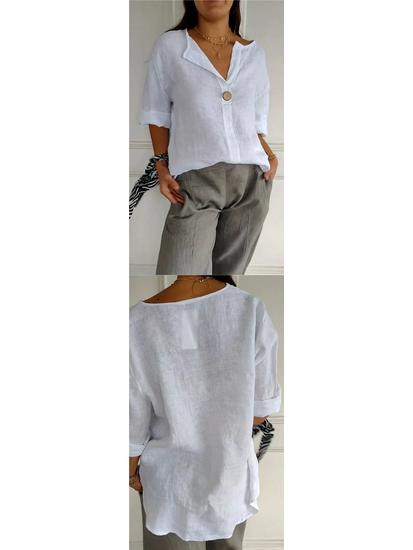 2026 Women's European & American V-neck Cotton Linen Button-up Loose T-shirt