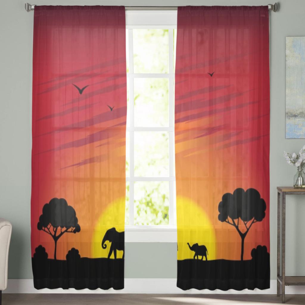 Elefant Sonnenuntergang Baum Transparente Vorhänge für Wohnzimmer Durchsichtiger Tüll Fensterdekorationen Schlafzimmer Küche Heimdeko Schleier Vorhänge