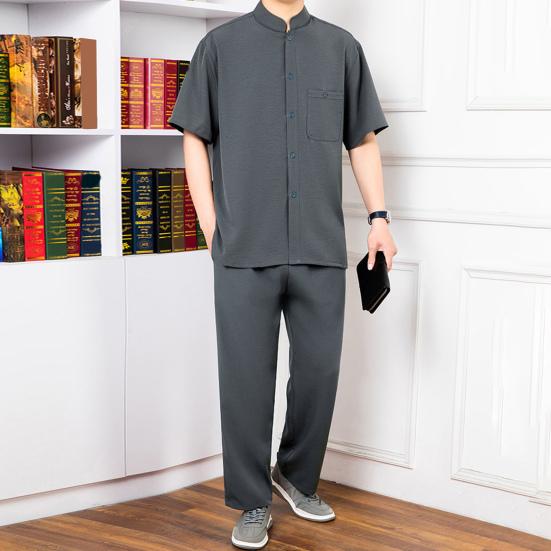 2Pcs/Set Men Suit Stand Collar Short Sleeve Single Breasted Shirt Elastic Waist Long Pants Set Solid Color Loose Fit Leisure Outfit