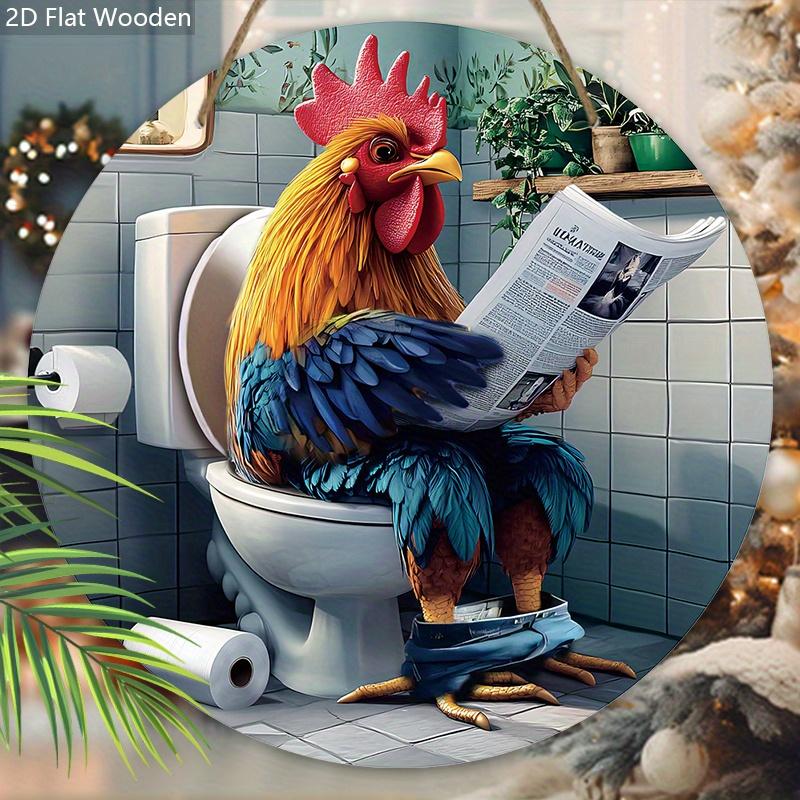 Funny Toilet Wooden Sign with Roosters Reading Newspapers Pattern, Unique Round Sign for Bathroom Door Hanging Decor