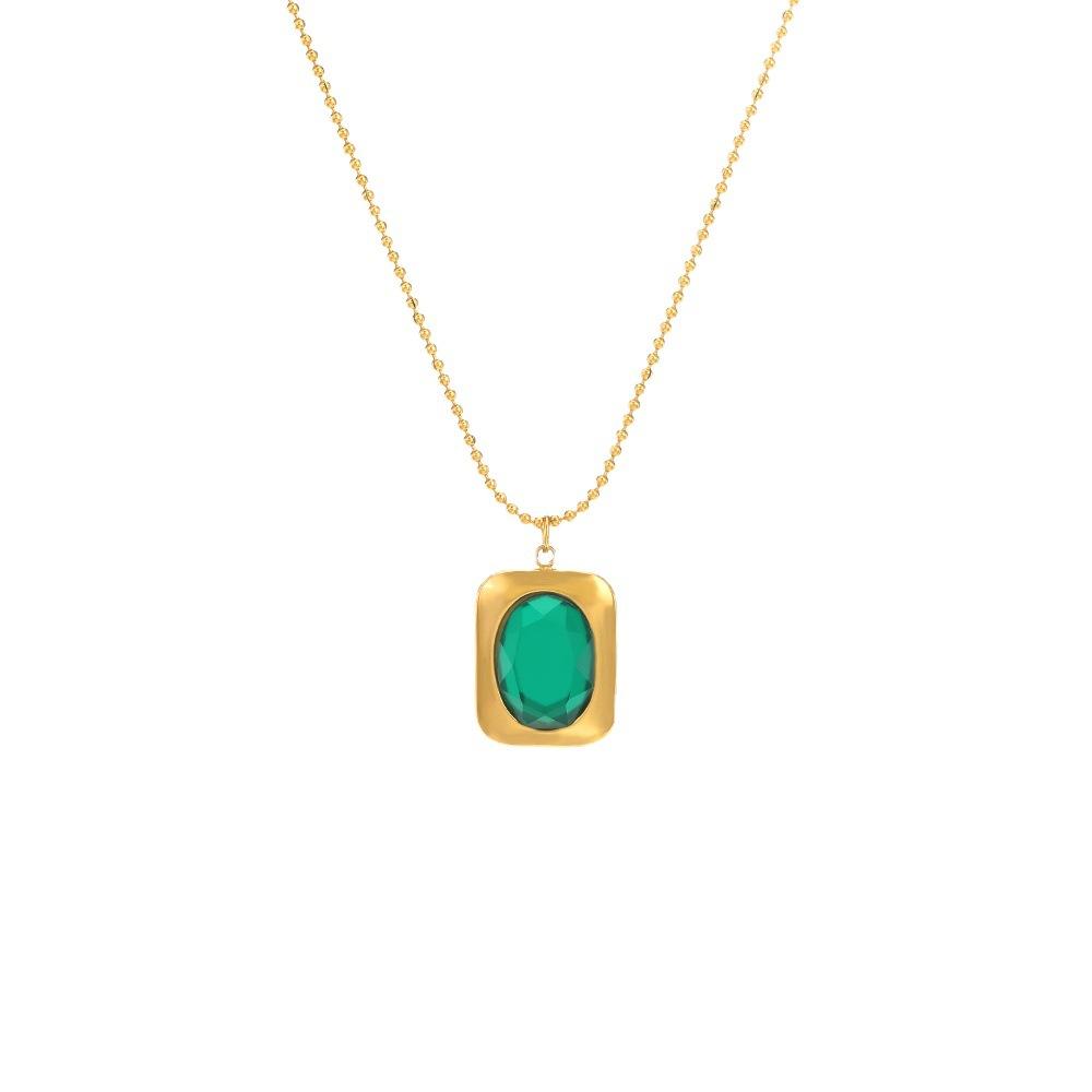 French Vintage Emerald Necklace Geometric Mother Of Pearl Inlay Titanium Steel Pendant Women Jewelry Gift