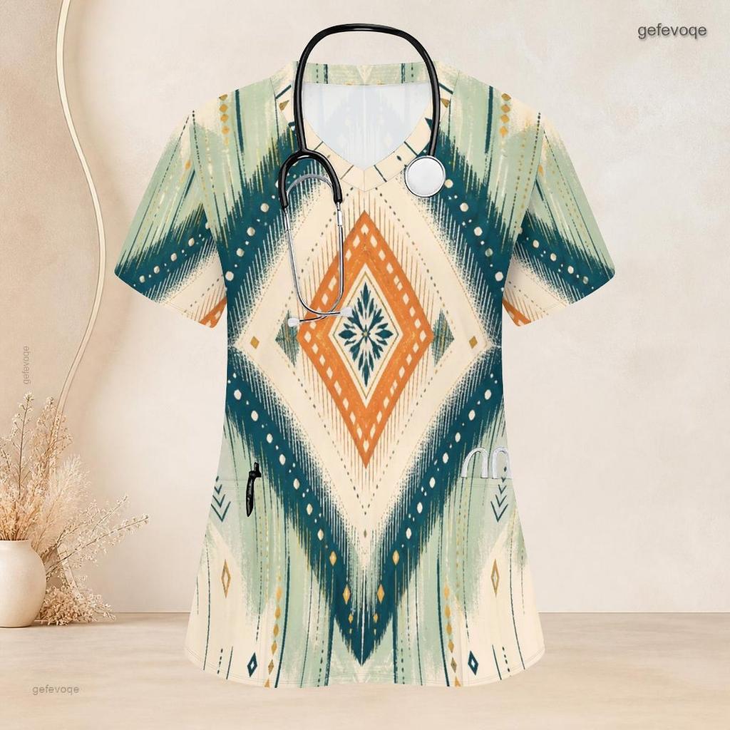 Women Plus Size Geometric Printed Nurse Scrub Top V Neck Short Sleeve With Front Pockets