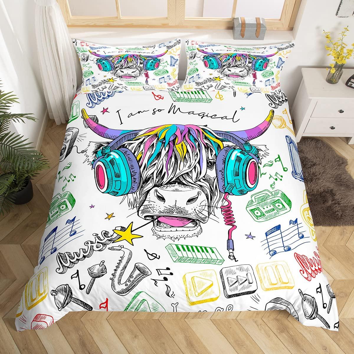 

Highland Cow King Queen Duvet Cover Bull Bedding Set For Adults Cattle 2/3pcs Quilt Cover Farm Animal Polyester Comforter Cover AU Single(140x210cm)