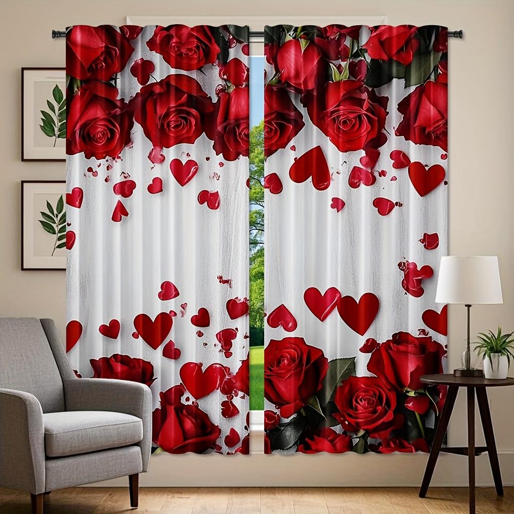 2Pcs Elegant Red Rose & Heart Backdrop Curtains - Romantic Valentine'S Day Decor For Bedroom & Living Room, Semi-Transparent Pol