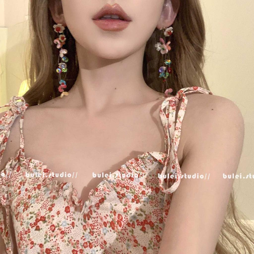 Resin Flower Tassel Earrings Sweet Versatile Stud Earrings Niche Fashion Personality Earrings Women