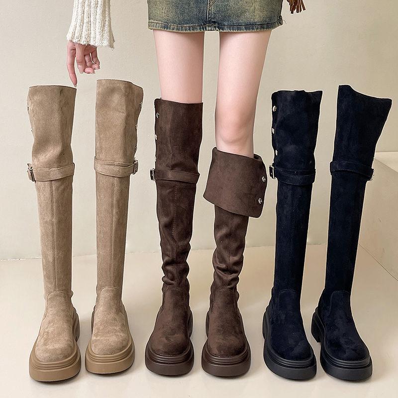 Women's 2025 Aut/Win Thick-Soled Over-the-Knee Foldable Knight Boots - Chunky Heel in Black/Khaki