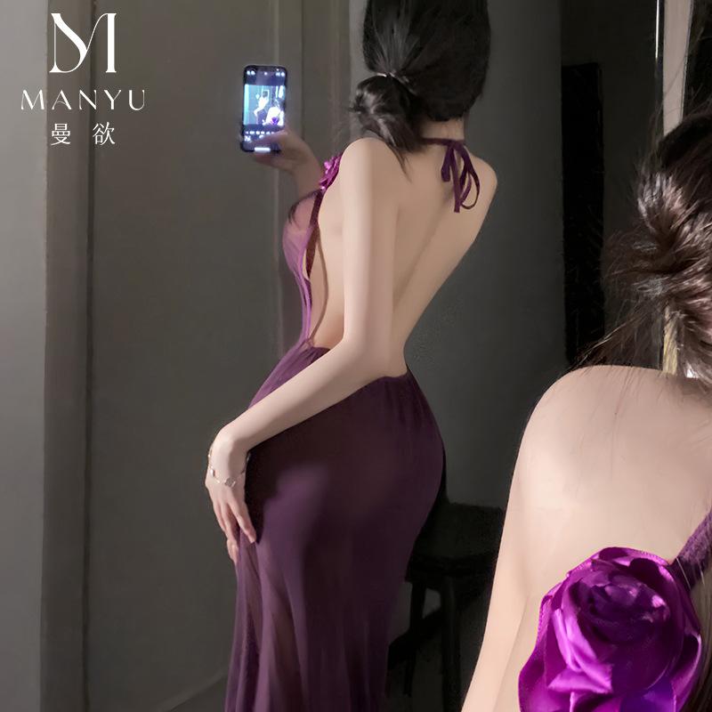 Man Want Sex Underwear Perspective Hollow Lace Mesh Pile Pleated Tight Suspender Rose Hip Wrap Long Dress 9449